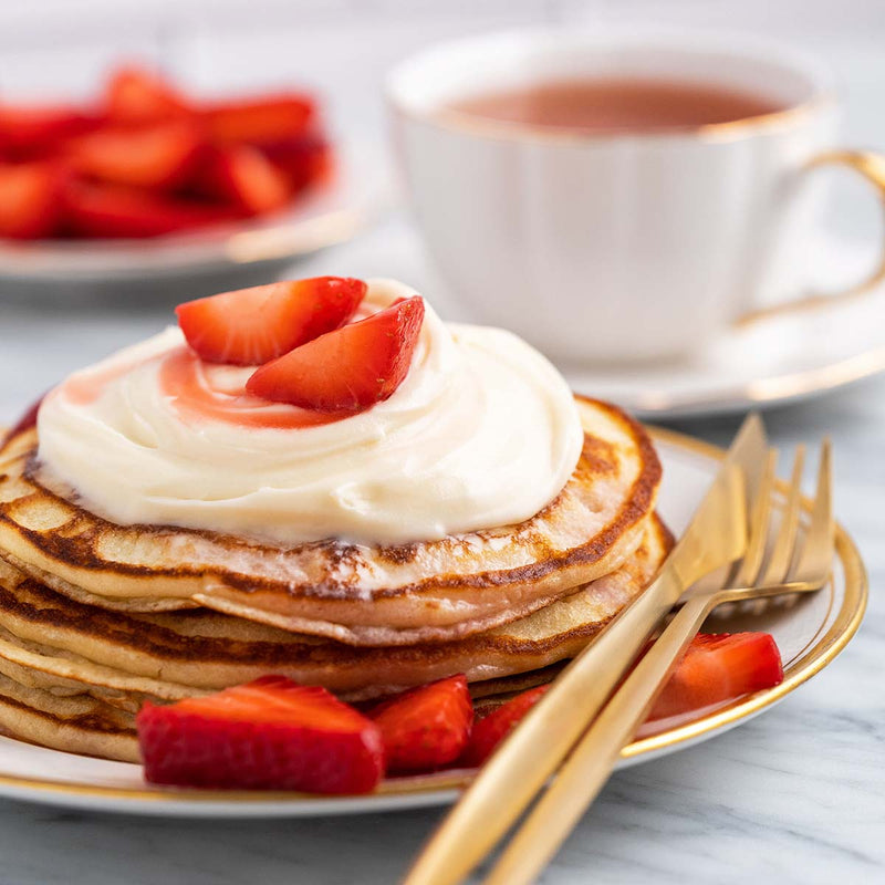 Strawberry Cheesecake Protein Pancakes w/ Turkey Bacon