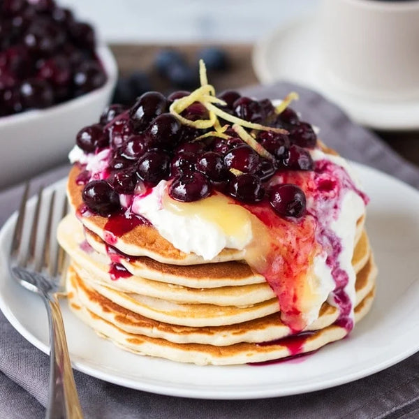 Blueberry Protein Pancakes and Nitrate Free Turkey Bacon